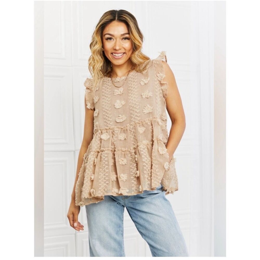 Amoli Tea Time Ruffle Sleeveless Boho Babydoll Blouse sz L NWT